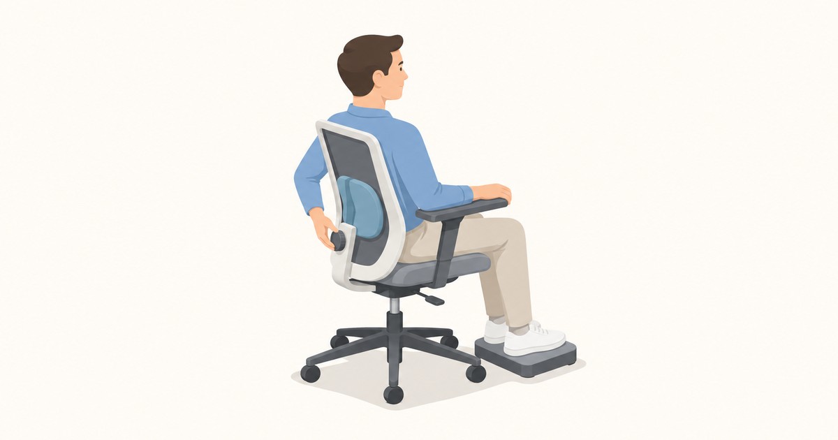 Flat illustration of a man in a mesh office chair turning a knob to adjust the blue lumbar support pad, with his feet resting on a footrest