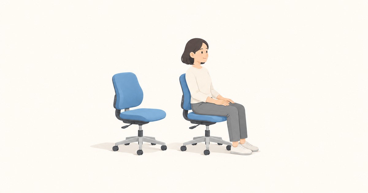 Flat illustration of two blue armless office chairs, one empty and one with a short woman seated, her feet flat on the floor and knees bent at a right angle.