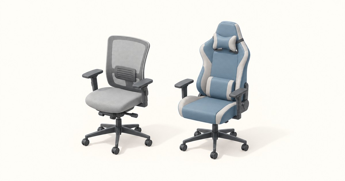 A gray mesh-back ergonomic office chair with lumbar support next to a blue and white racing-style gaming chair with neck and lumbar pillows on a cream backdrop