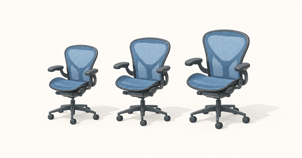 Three blue mesh ergonomic office chairs in small, medium and large sizes lined up left to right on a cream background, comparing Aeron frame sizes