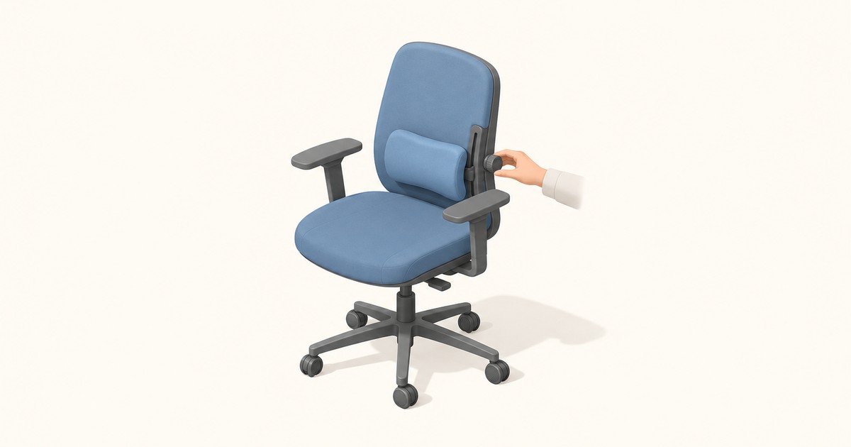 A hand turns a side knob on a blue ergonomic office chair to adjust its padded lumbar cushion, shown in a clean 3D style on a cream background.