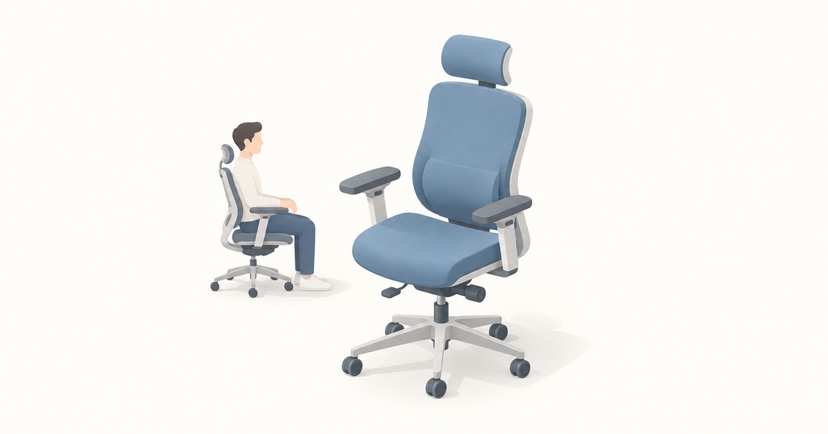 Large blue ergonomic office chair with headrest, lumbar support and adjustable armrests beside a small figure sitting upright in a similar chair