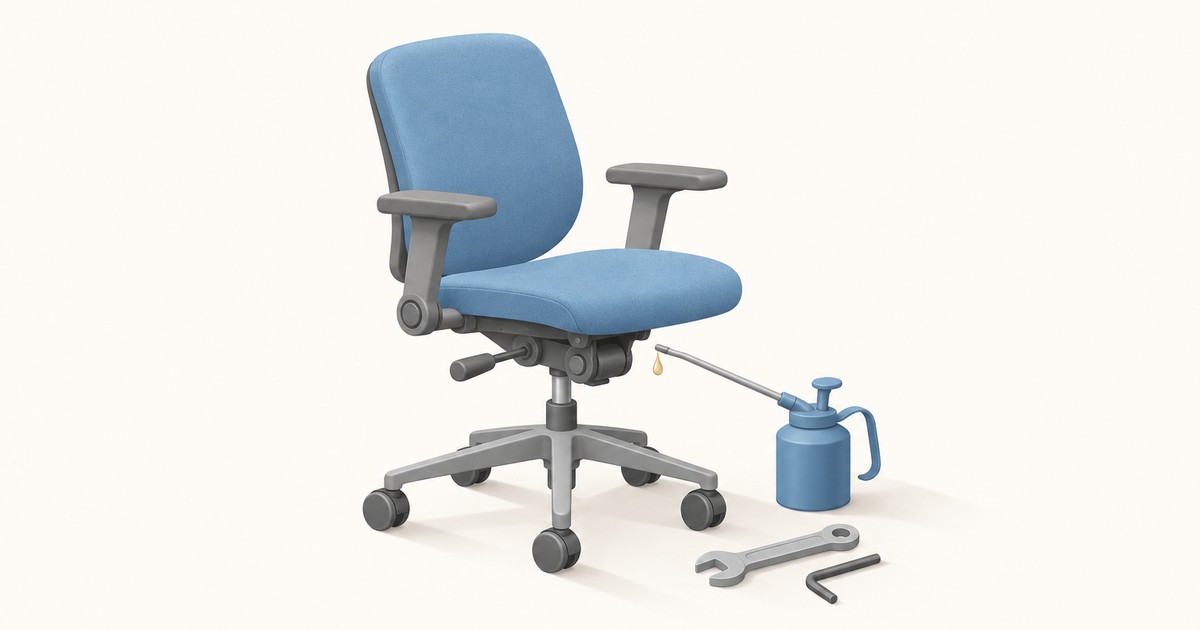 Blue office chair with gray armrests and a five-wheel base, with a blue oil can dripping lubricant on the seat mechanism next to a wrench and hex key
