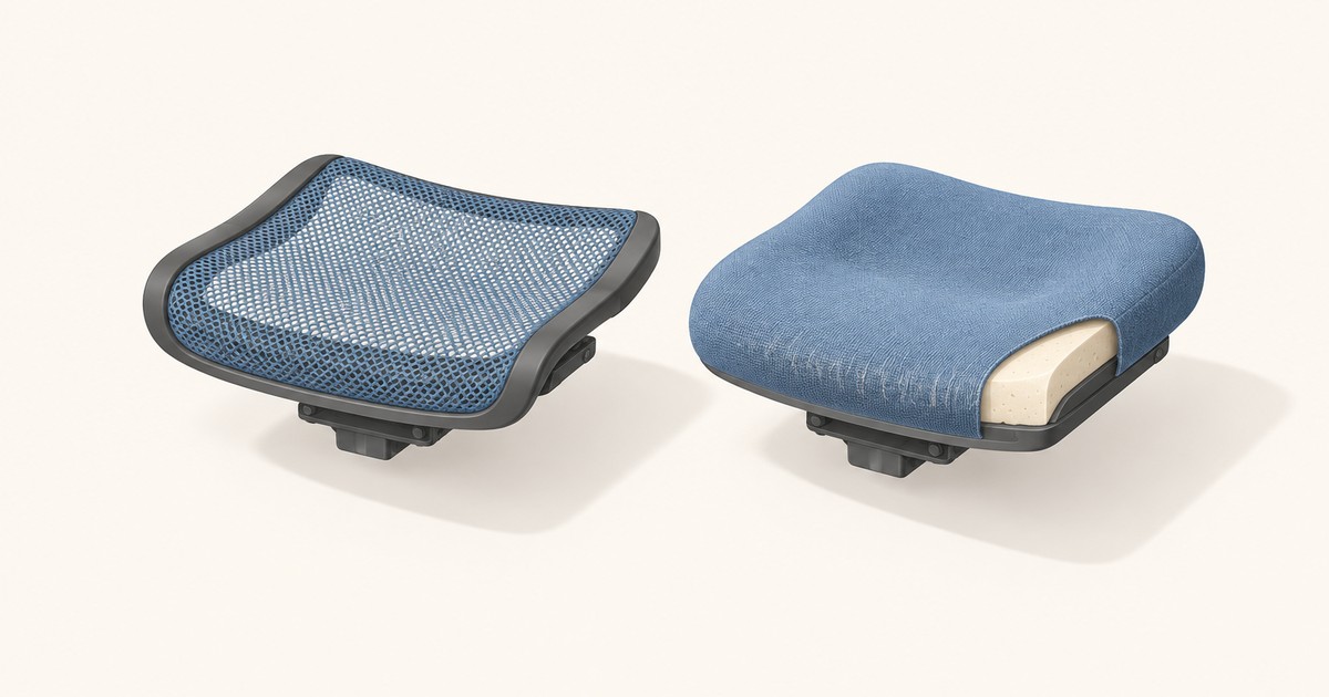 Blue mesh office chair seat on a black frame beside a blue fabric foam seat with a cutaway corner showing its cream foam core, on a cream background