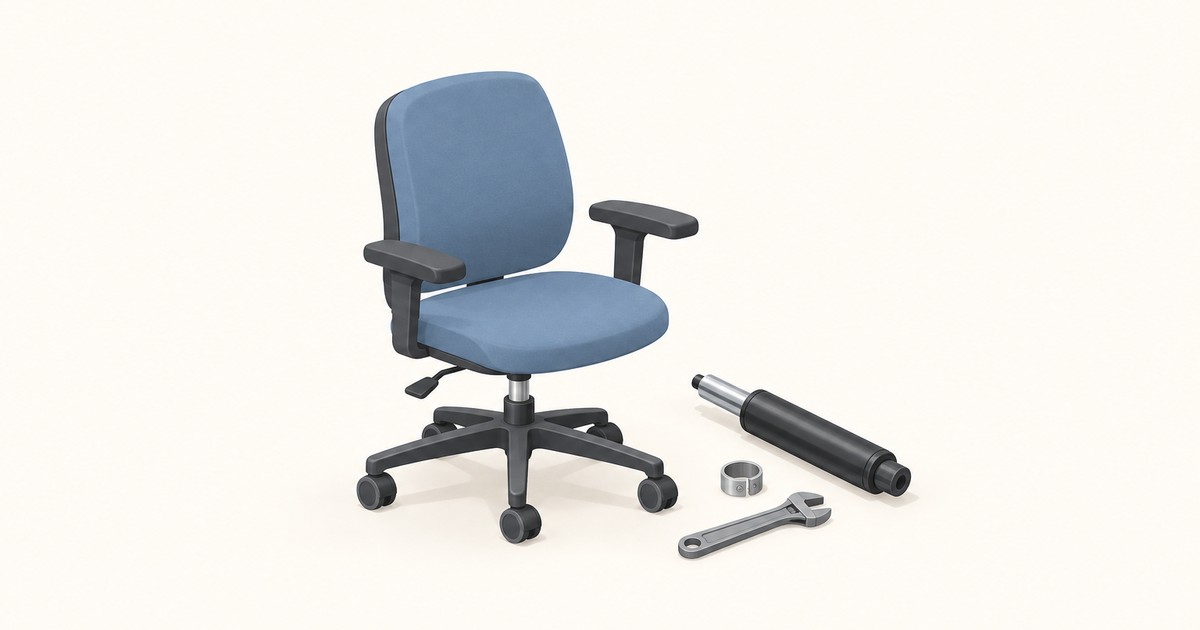 Blue office chair on a black five-wheel base beside a removed black gas lift cylinder, a metal ring clip and an adjustable wrench on a cream background