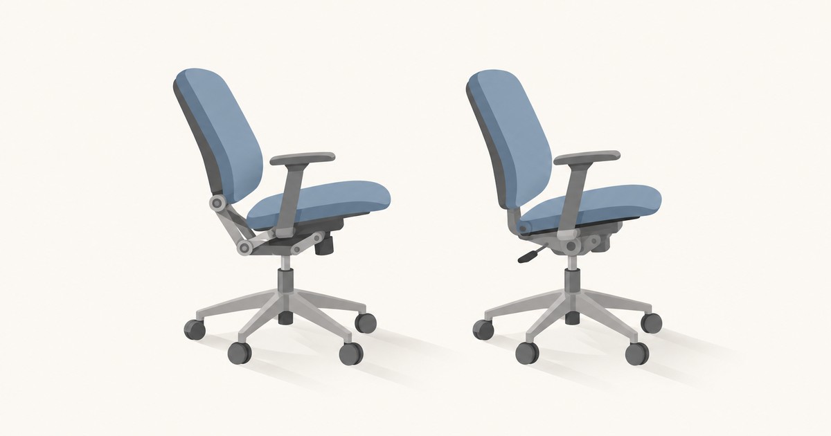 Two blue office chairs side by side on a cream background, the left reclined on a visible jointed linkage and the right upright with a tilt lever under the seat