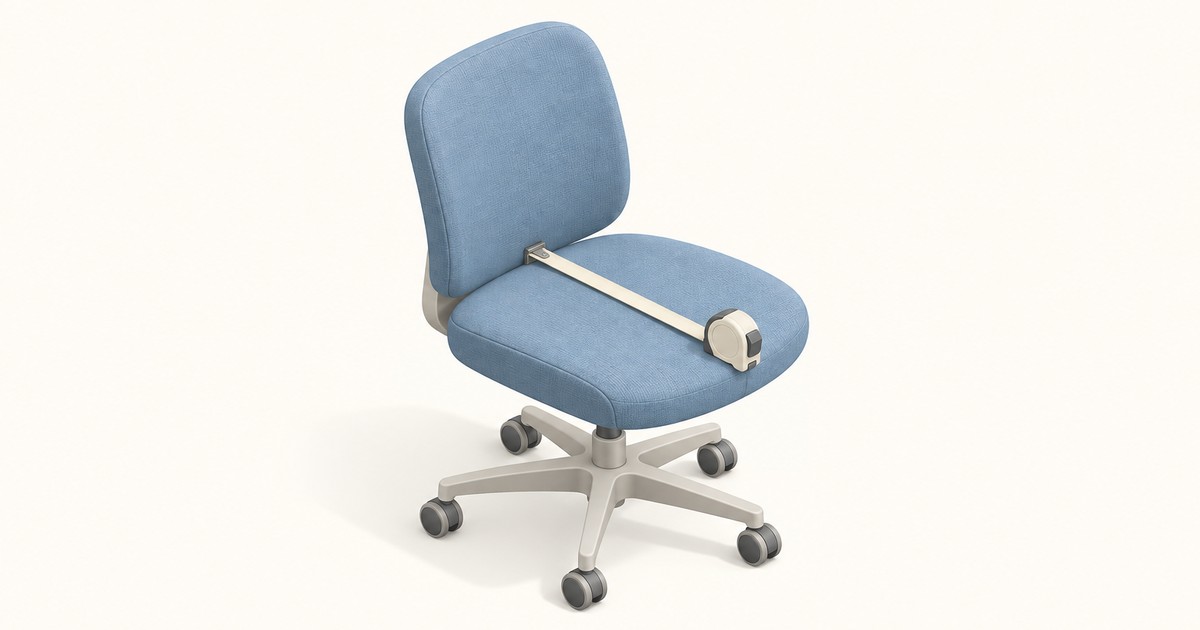 Blue upholstered armless office chair on a five-wheel base, with a tape measure stretched across the seat from backrest to front edge to show its depth